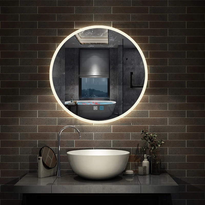 3 couleurs Miroir rond de Salle de Bain avec Anti-buée, LED avec lumière et luminosité réglables double interrupteur tactile