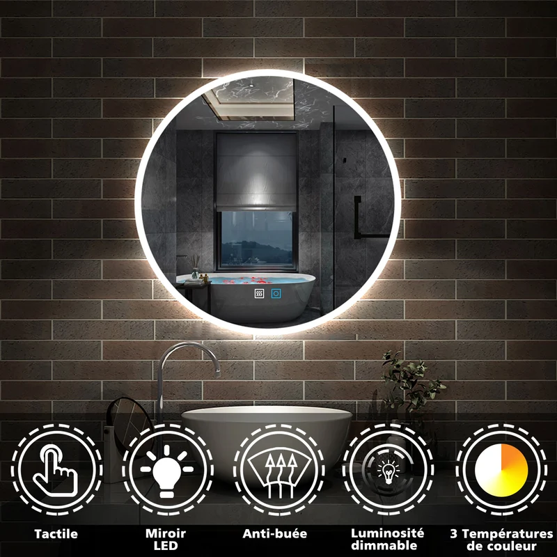3 couleurs Miroir rond de Salle de Bain avec Anti-buée, LED avec lumière et luminosité réglables double interrupteur tactile