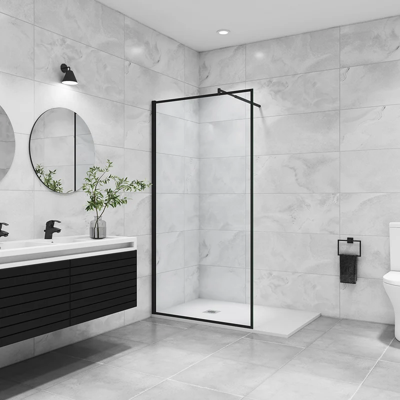 AICA paroi de douche noire en 8mm verre anticalcaire avec barre de fixation extensible en cylindrique
