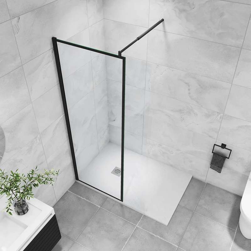 AICA paroi de douche noire en 8mm verre anticalcaire avec barre de fixation extensible en cylindrique