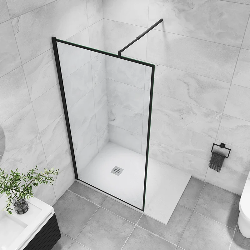 AICA paroi de douche noire en 8mm verre anticalcaire avec barre de fixation extensible en cylindrique