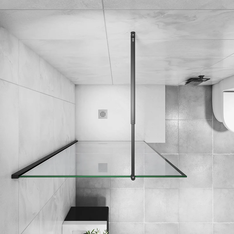 AICA paroi de douche noire en 8mm verre anticalcaire avec barre de fixation extensible en cylindrique