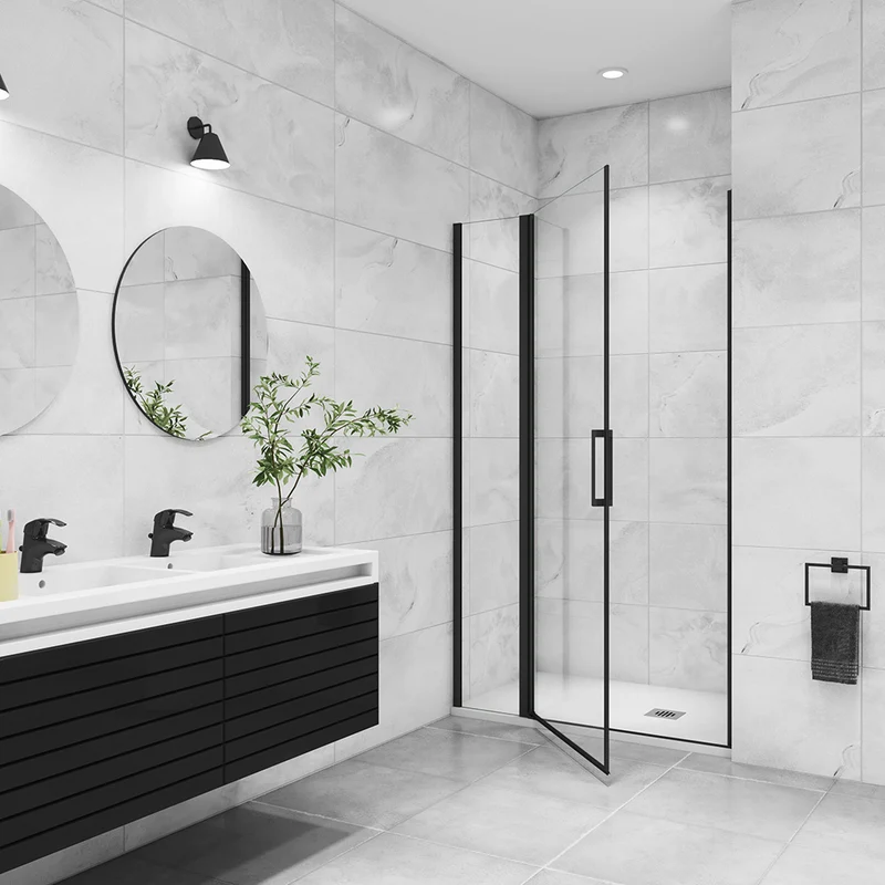 AICA porte de douche pivotante avec un élément fixe Profilé noir mat Porte de douche Hauteur 200cm en verre anticalcaire
