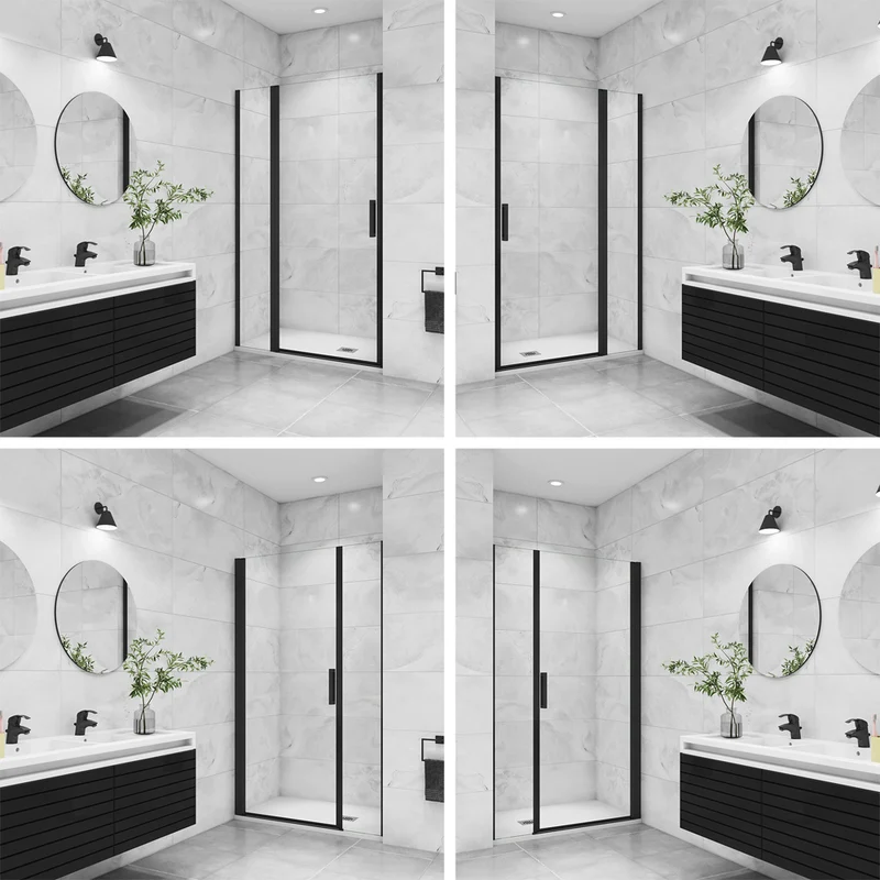 AICA porte de douche pivotante avec un élément fixe Profilé noir mat Porte de douche Hauteur 200cm en verre anticalcaire