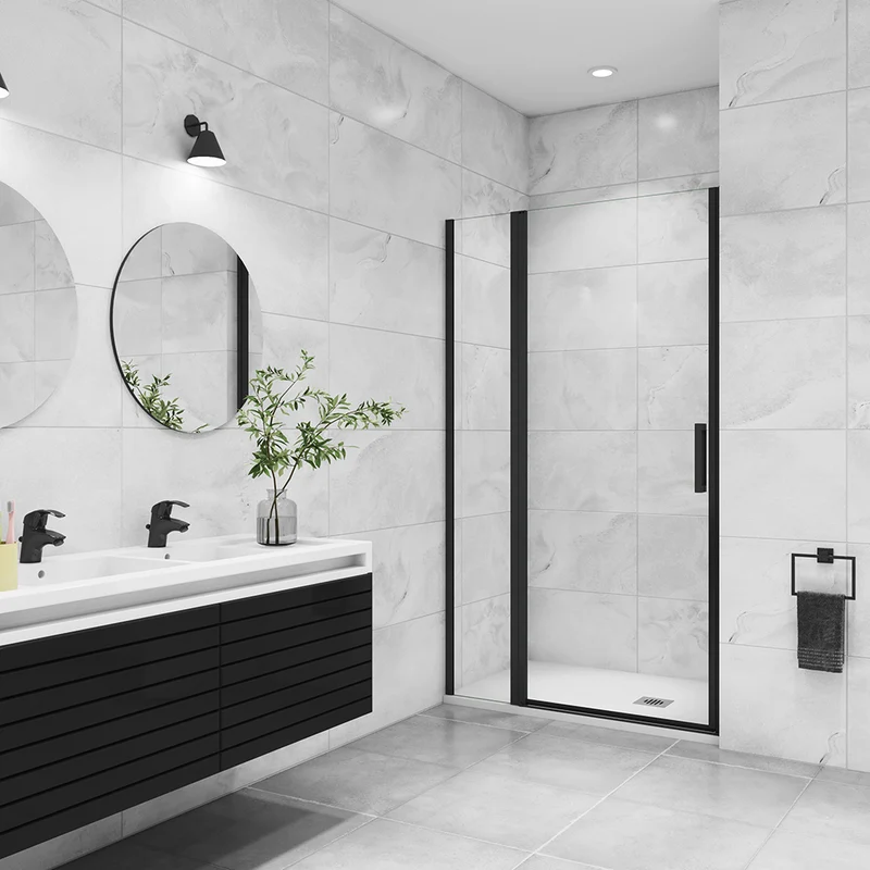 AICA porte de douche pivotante avec un élément fixe Profilé noir mat Porte de douche Hauteur 200cm en verre anticalcaire