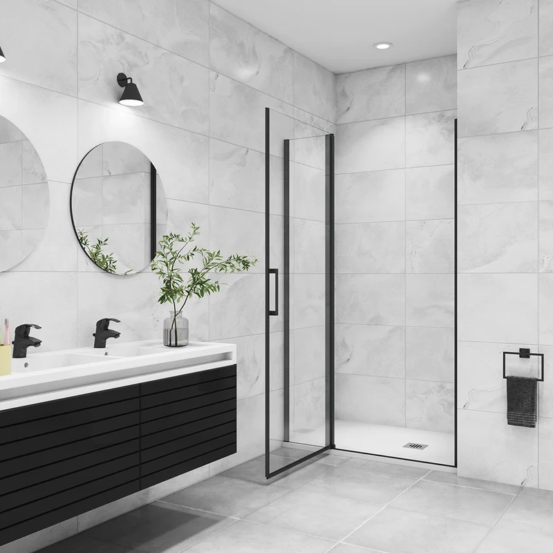 AICA porte de douche pivotante avec un élément fixe Profilé noir mat Porte de douche Hauteur 200cm en verre anticalcaire