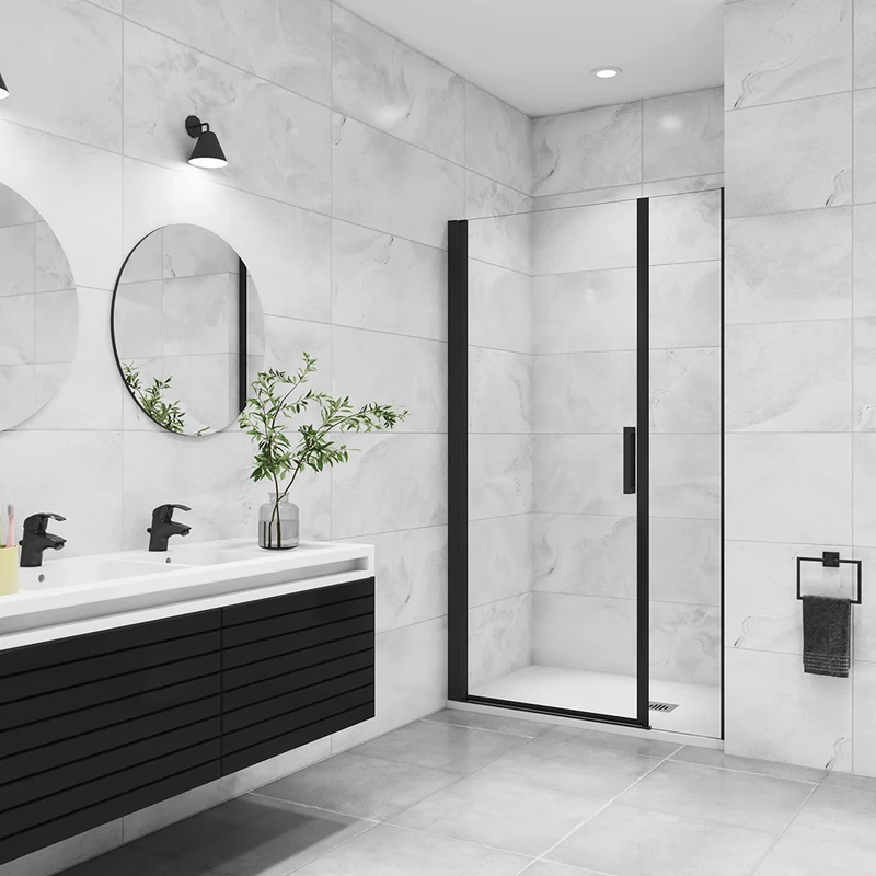 Aica porte de douche pivotante avec un élément fixe Profilé noir mat Porte de douche Hauteur 200cm en verre anticalcaire