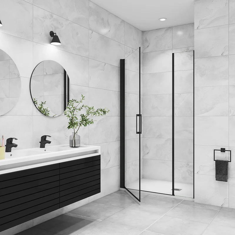Aica porte de douche pivotante avec un élément fixe Profilé noir mat Porte de douche Hauteur 200cm en verre anticalcaire