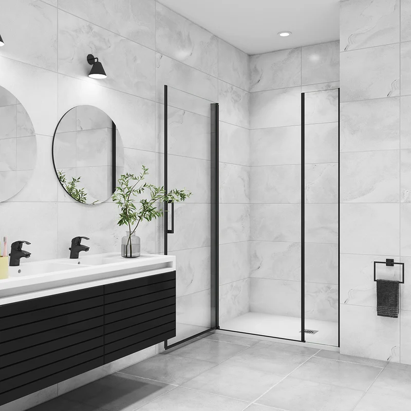 Aica porte de douche pivotante avec un élément fixe Profilé noir mat Porte de douche Hauteur 200cm en verre anticalcaire