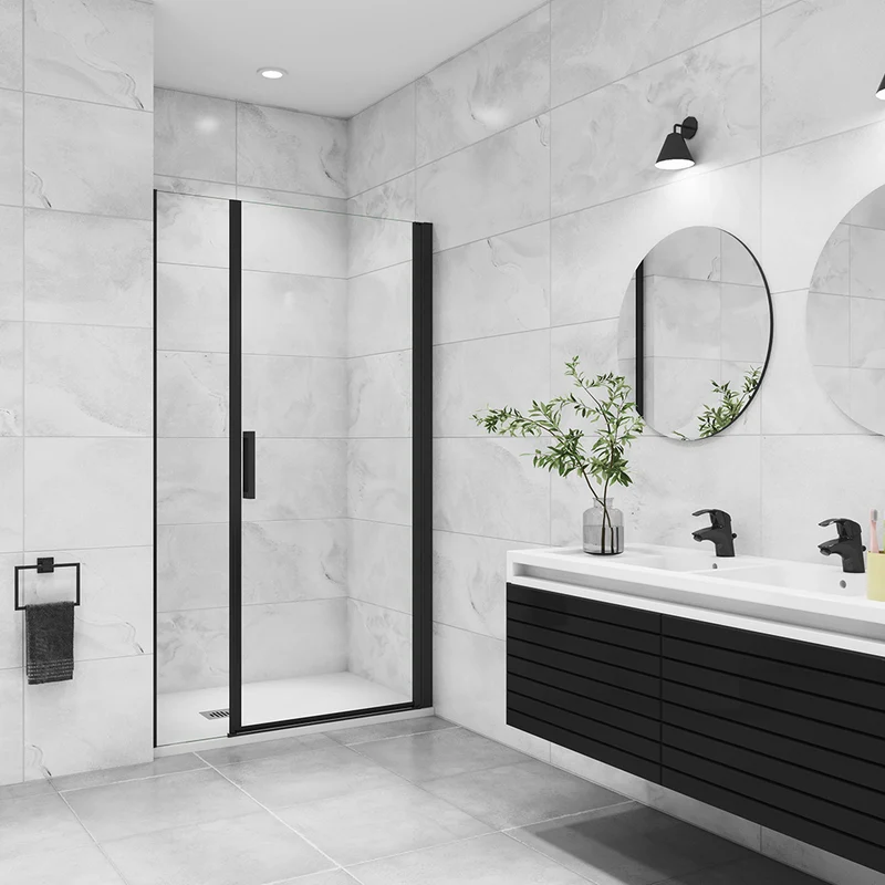Aica porte de douche pivotante avec un élément fixe Profilé noir mat Porte de douche Hauteur 200cm en verre anticalcaire