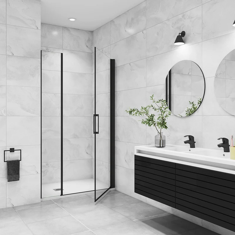 Aica porte de douche pivotante avec un élément fixe Profilé noir mat Porte de douche Hauteur 200cm en verre anticalcaire