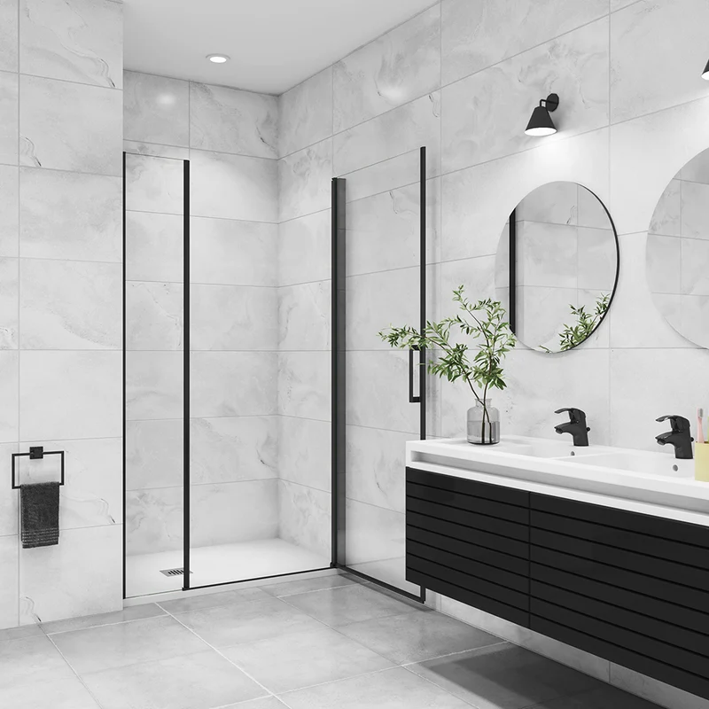 Aica porte de douche pivotante avec un élément fixe Profilé noir mat Porte de douche Hauteur 200cm en verre anticalcaire