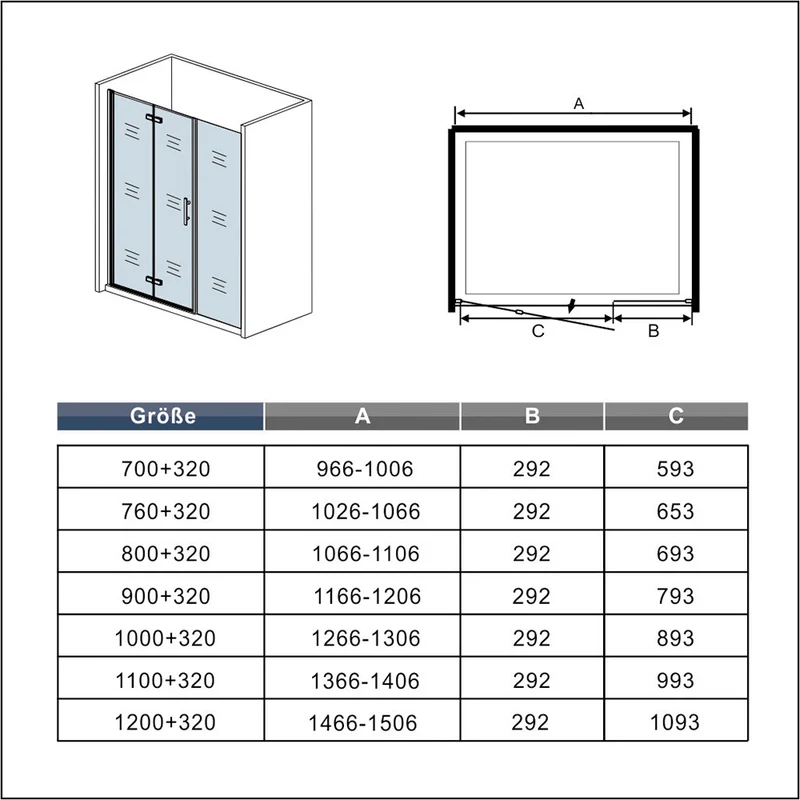 Aica porte de douche pivotante 100-160 x185cm ou 195cm porte de douche pliante avec un élément fixe en 6mm verre anticalcaire