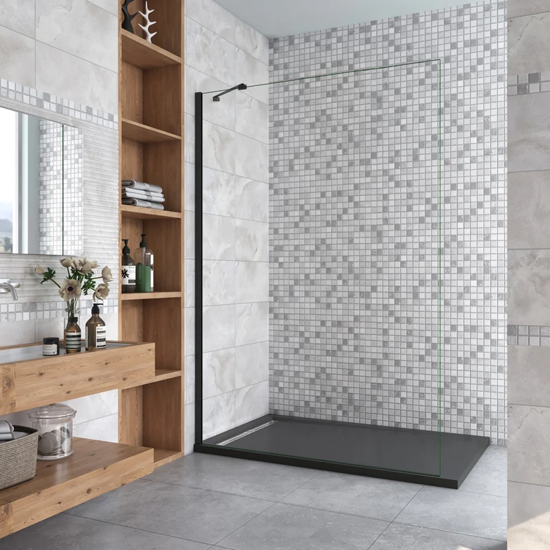 AICA Paroi de douche 50-100x200cm profil Noir mat paroi de douche à l'italienne verre anticalcaire avec barre de fixation noire 45cm
