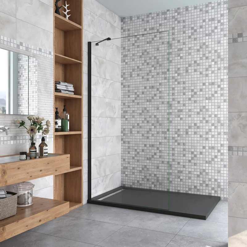 AICA Paroi de douche 50-100x200cm profil Noir mat paroi de douche à l'italienne verre anticalcaire avec barre de fixation noire 45cm