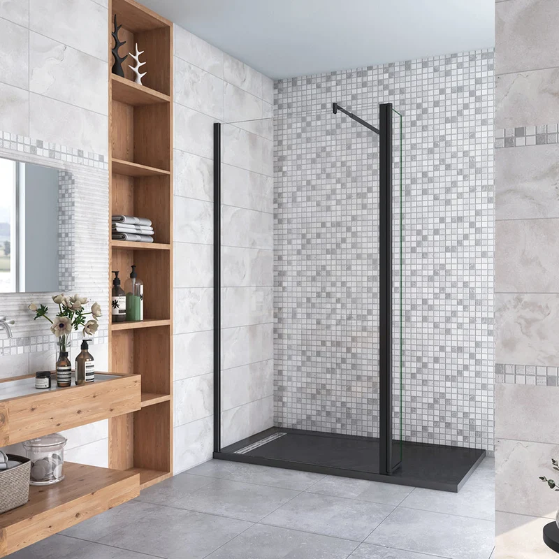 AICA paroi de douche à l'italienne noire 50-160cm avec un retour pivotant 40cm en 8mm verre anticalcaire avec une barre de extensible 70-120cm