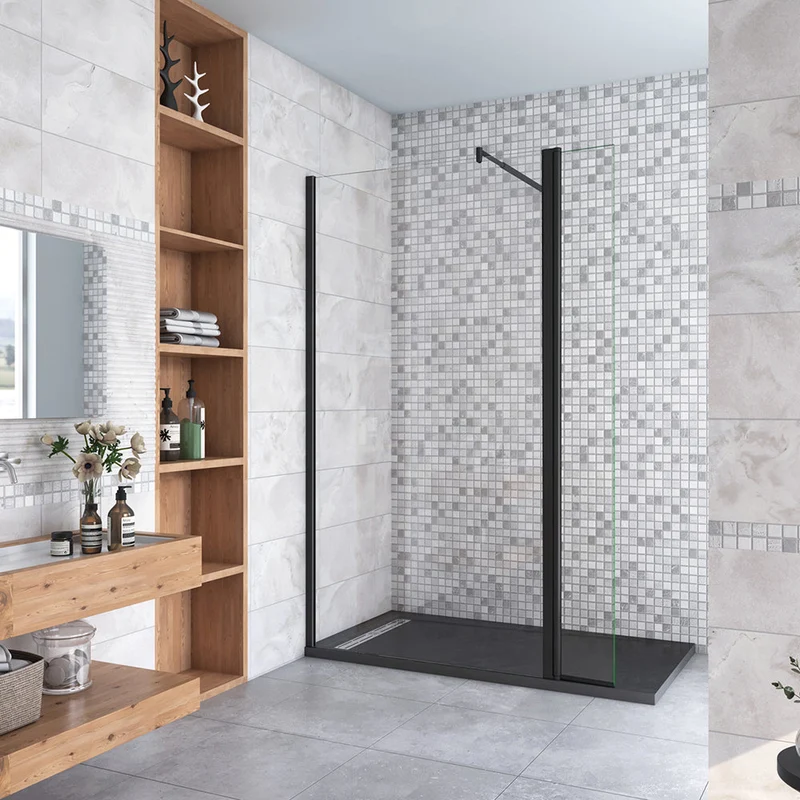 AICA paroi de douche à l'italienne noire 50-160cm avec un retour pivotant 40cm en 8mm verre anticalcaire avec une barre de extensible 70-120cm