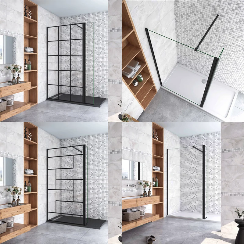 AICA paroi de douche à l'italienne noire 50-160cm avec un retour pivotant 40cm en 8mm verre anticalcaire avec une barre de extensible 73-120cm