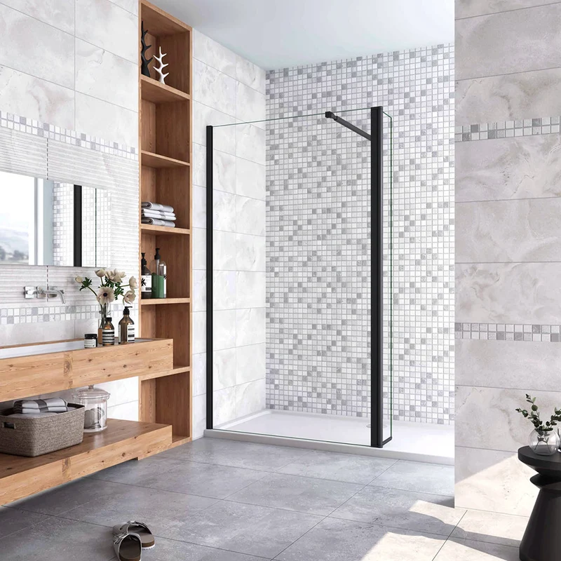 AICA paroi de douche à l'italienne noire 50-160cm avec un retour pivotant 40cm en 8mm verre anticalcaire avec une barre de extensible 73-120cm