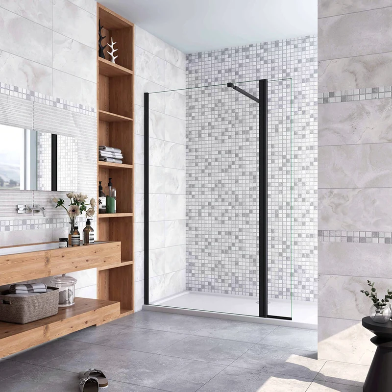 AICA paroi de douche à l'italienne noire 50-160cm avec un retour pivotant 40cm en 8mm verre anticalcaire avec une barre de extensible 73-120cm