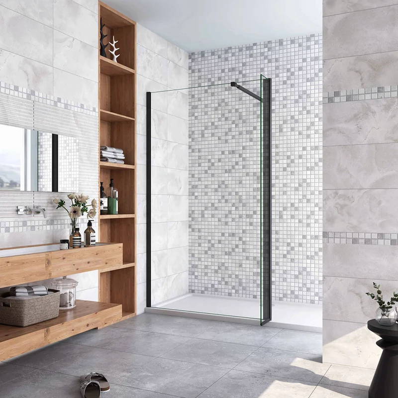 AICA paroi de douche à l'italienne noire 50-160cm avec un retour pivotant 40cm en 8mm verre anticalcaire avec une barre de extensible 73-120cm