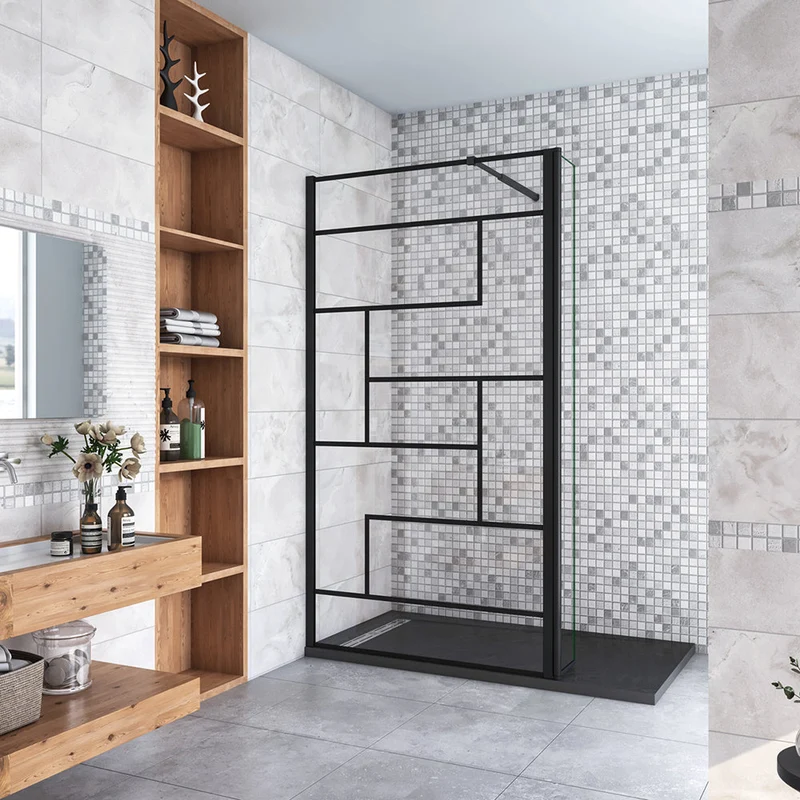 AICA paroi de douche à l'italienne noire 50-160cm avec un retour pivotant 40cm en 8mm verre anticalcaire avec une barre de extensible 73-120cm