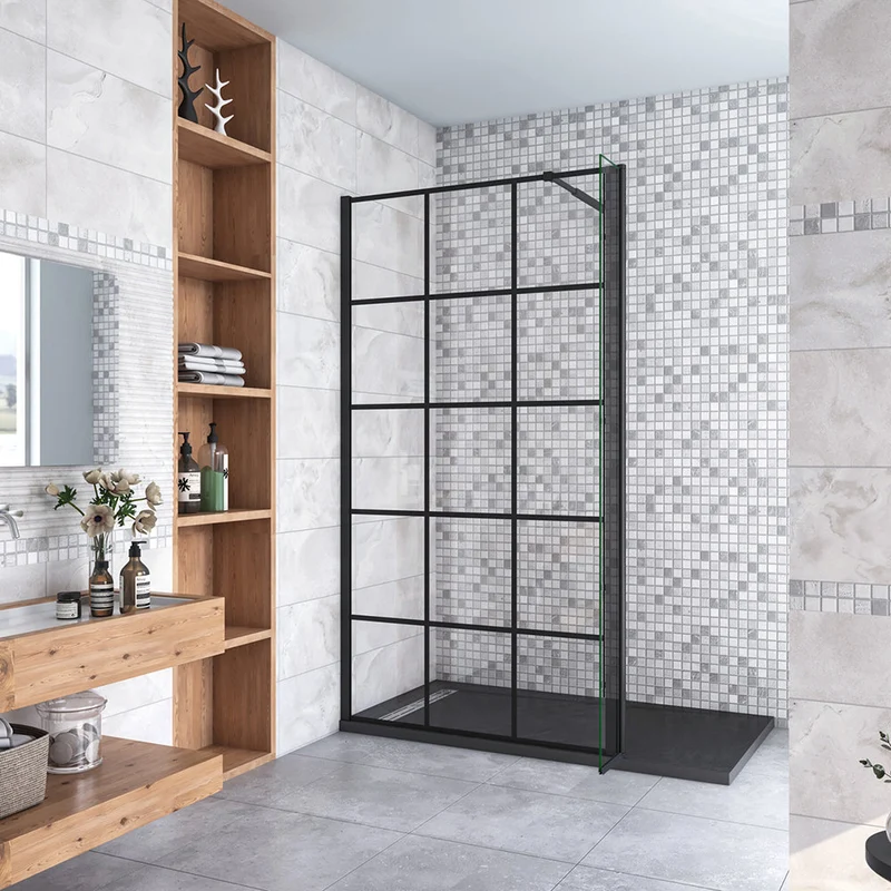 AICA paroi de douche à l'italienne noire 50-160cm avec un retour pivotant 40cm en 8mm verre anticalcaire avec une barre de extensible 73-120cm