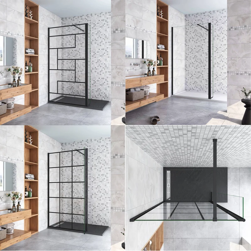 AICA paroi de douche à l'italienne noire 50-160cm avec un retour pivotant 40cm en 8mm verre anticalcaire avec une barre de stabilisation 90cm