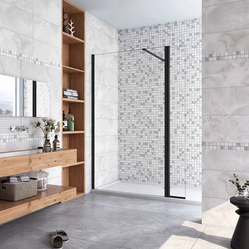 AICA paroi de douche à l'italienne noire 50-160cm avec un retour pivotant 40cm en 8mm verre anticalcaire avec une barre de stabilisation 90cm