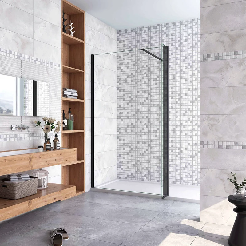 AICA paroi de douche à l'italienne noire 50-160cm avec un retour pivotant 40cm en 8mm verre anticalcaire avec une barre de stabilisation 90cm