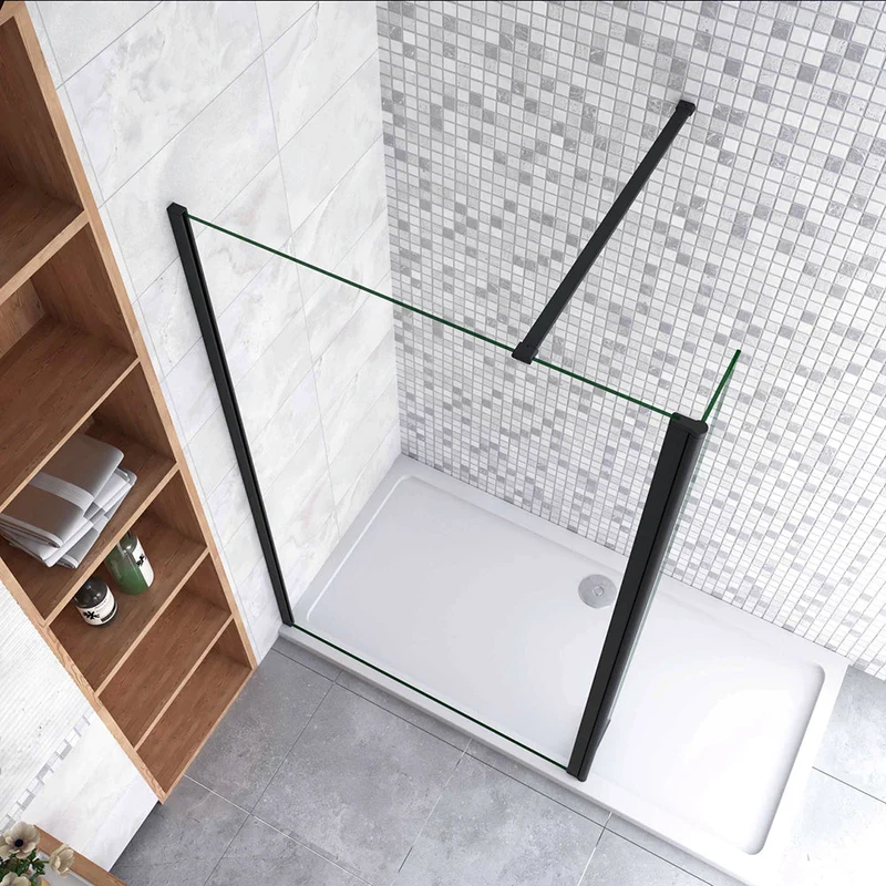 AICA paroi de douche à l'italienne noire 50-160cm avec un retour pivotant 40cm en 8mm verre anticalcaire avec une barre de stabilisation 90cm