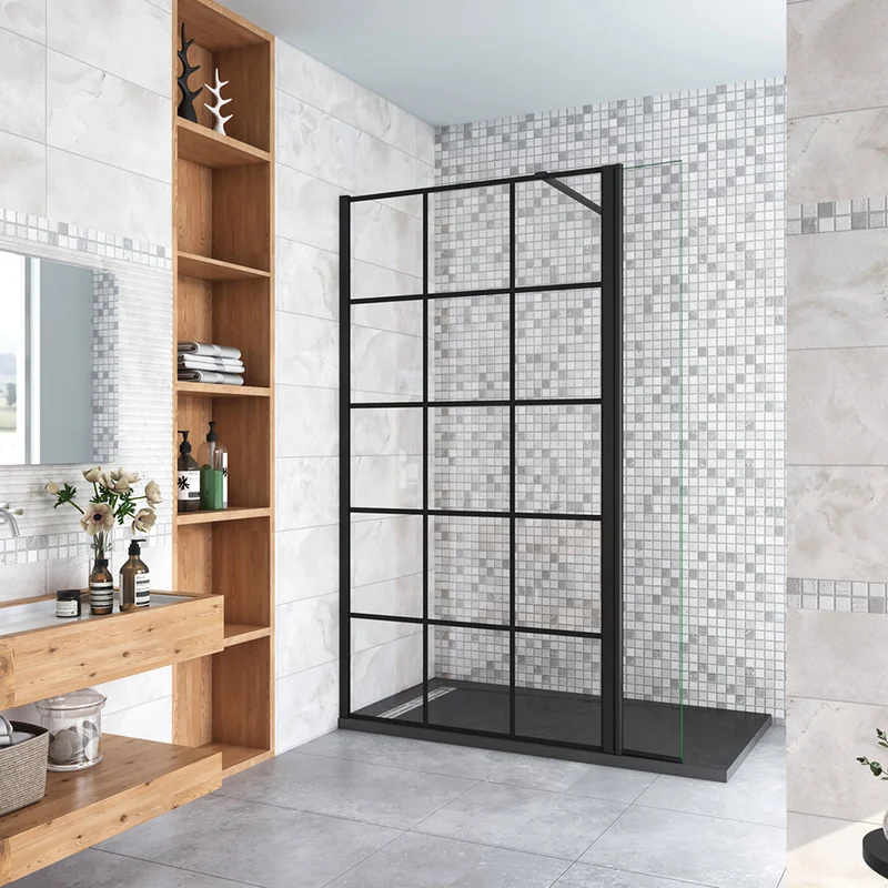 AICA paroi de douche à l'italienne noire 50-160cm avec un retour pivotant 40cm en 8mm verre anticalcaire avec une barre de stabilisation 90cm