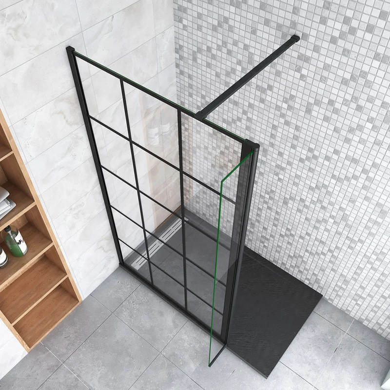 AICA paroi de douche à l'italienne noire 50-160cm avec un retour pivotant 40cm en 8mm verre anticalcaire avec une barre de stabilisation 90cm