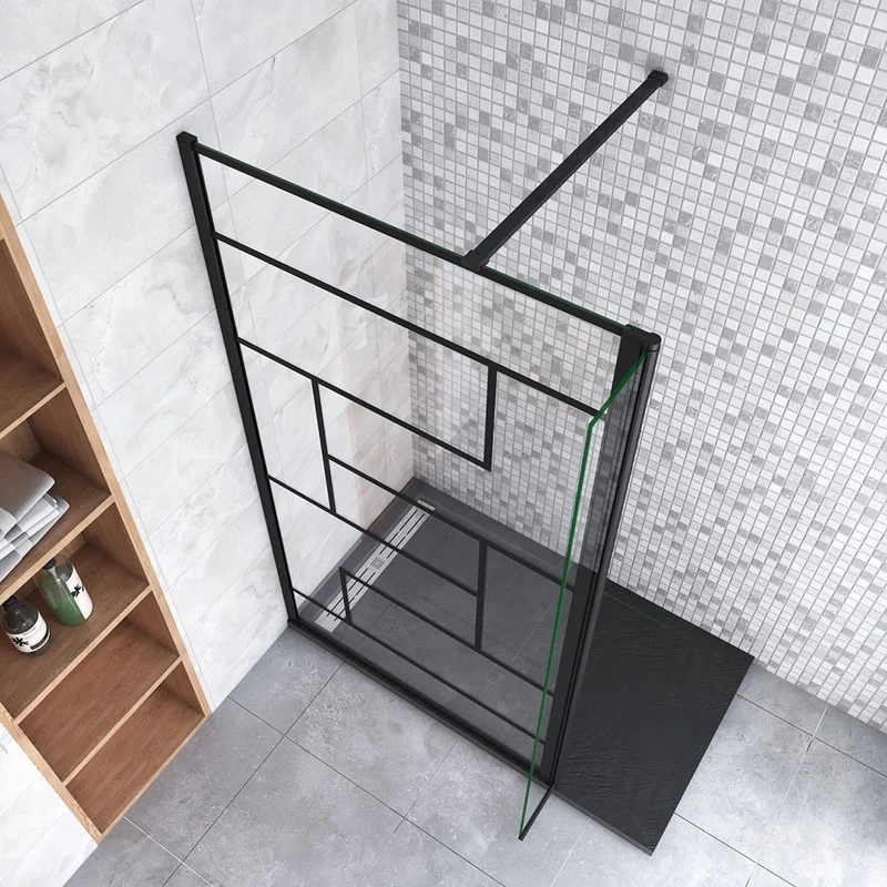 AICA paroi de douche à l'italienne noire 50-160cm avec un retour pivotant 40cm en 8mm verre anticalcaire avec une barre de stabilisation 90cm