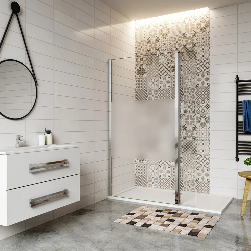 Aica paroi de douche à l'italienne en verre sécurité et bande central dépoli avec un retour pivotant 40cm avec barre de fixation extensible