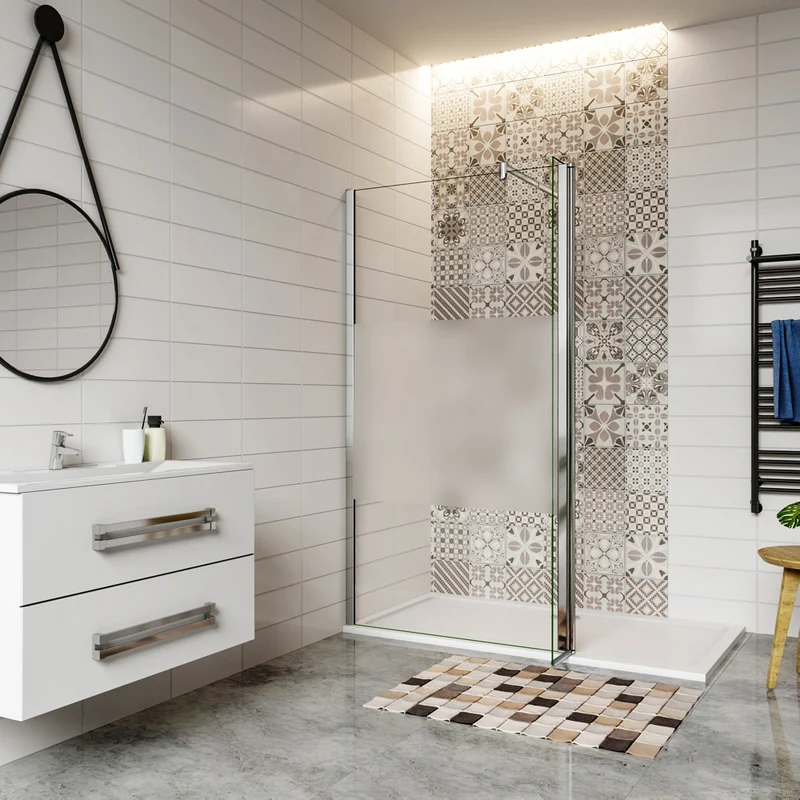 Aica paroi de douche à l'italienne en verre sécurité et bande central dépoli avec un retour pivotant 40cm avec barre de fixation extensible