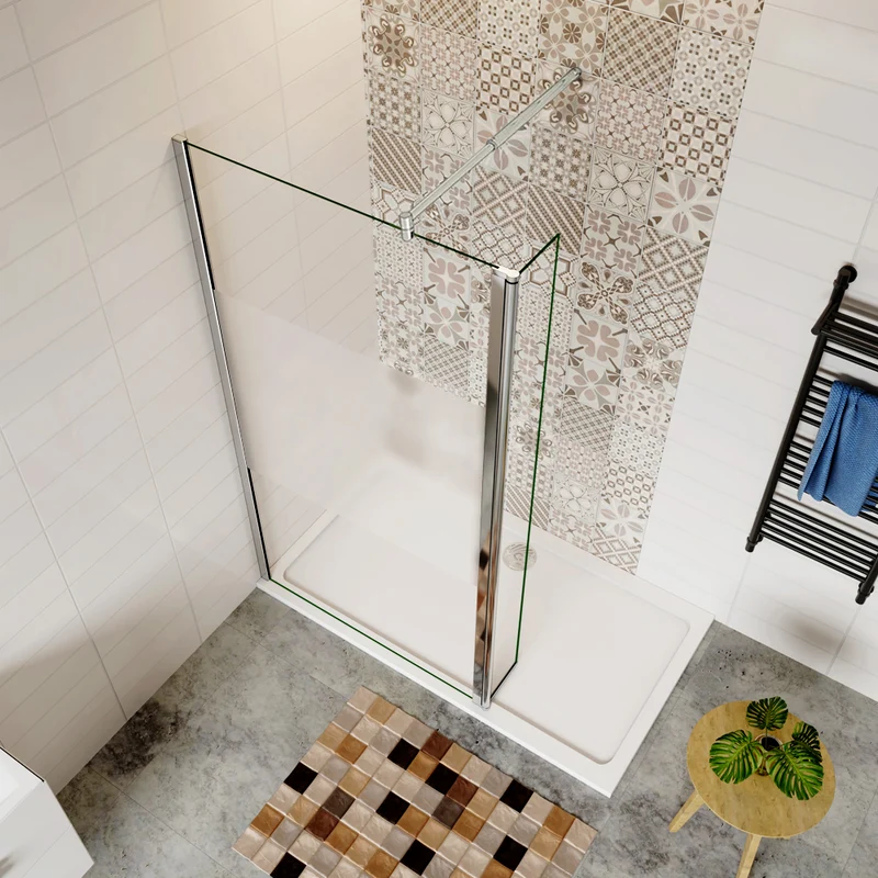 Aica paroi de douche à l'italienne en verre sécurité et bande central dépoli avec un retour pivotant 40cm avec barre de fixation extensible