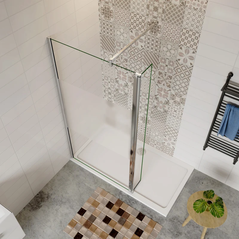 Aica paroi de douche à l'italienne en verre bande centrale sablé avec retour pivotant de 30cm et une barre de fixation 90cm