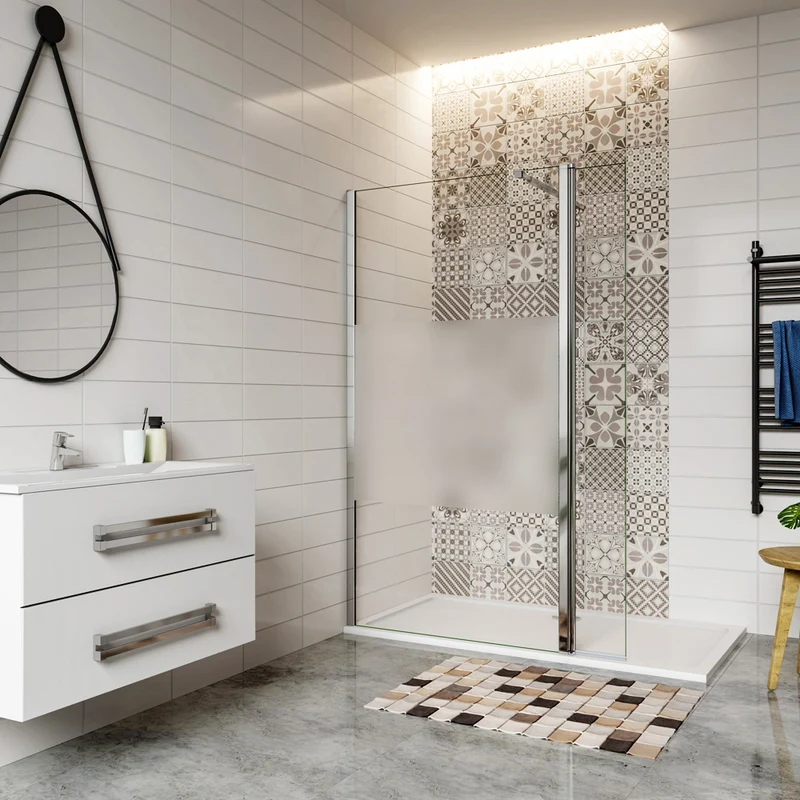 Aica paroi de douche à l'italienne en verre bande centrale sablé avec retour pivotant de 30cm et une barre de fixation extensible de 73-120cm