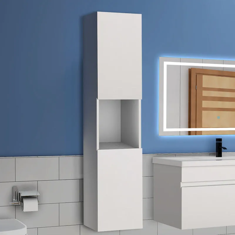 300x300x131.5cm Meuble de rangement pour salle de bain, colonne de salle de bain blanc/anthracite/bois clair à suspendre, avec porte et niche