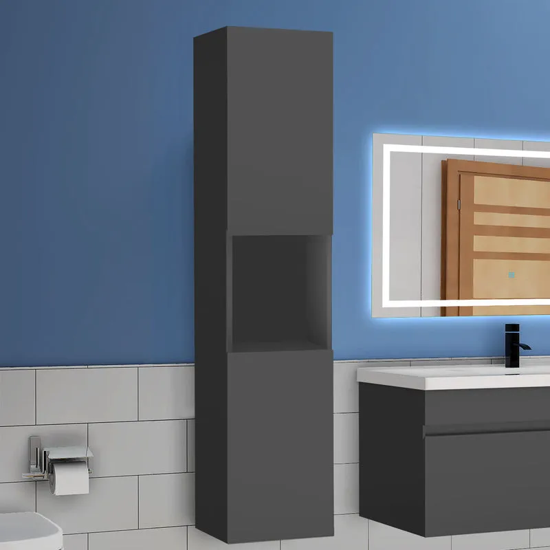 300x300x131.5cm Meuble de rangement pour salle de bain, colonne de salle de bain blanc/anthracite/bois clair à suspendre, avec porte et niche
