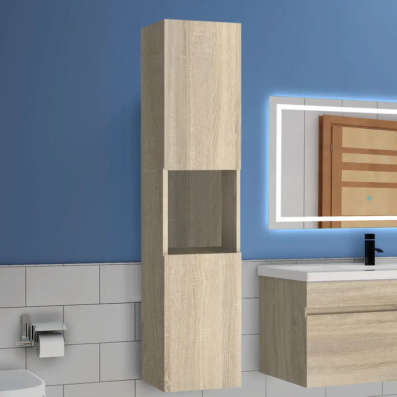 300x300x131.5cm Meuble de rangement pour salle de bain, colonne de salle de bain blanc/anthracite/bois clair à suspendre, avec porte et niche