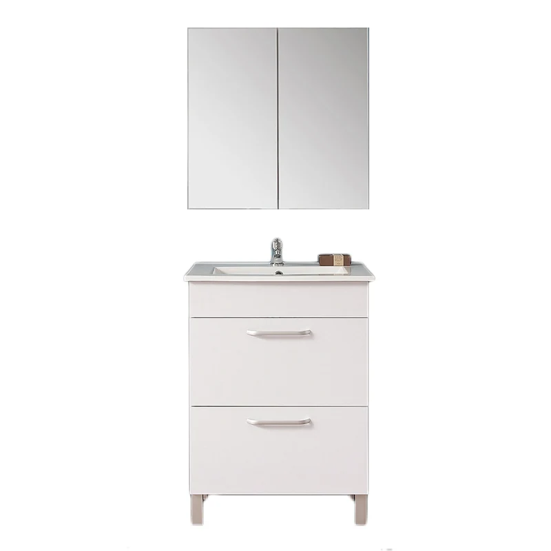 Ensemble de meubles de salle de bain, Meuble sous vasque sur pieds 2 tiroirs, vasque céramique et cabinet miroir 60cm