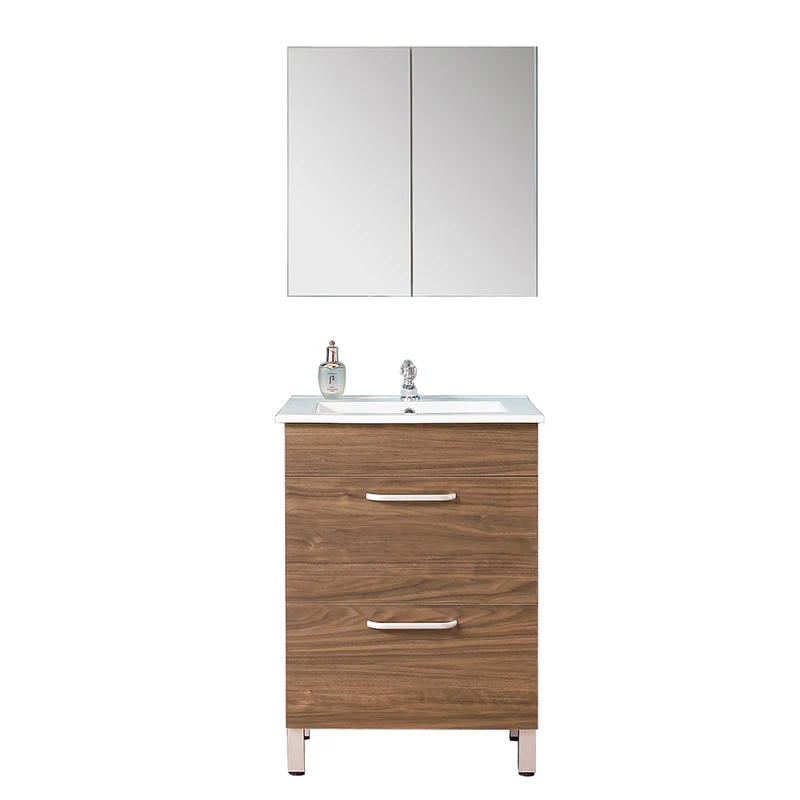 Ensemble de meubles de salle de bain, Meuble sous vasque sur pieds 2 tiroirs, vasque céramique et cabinet miroir 60cm