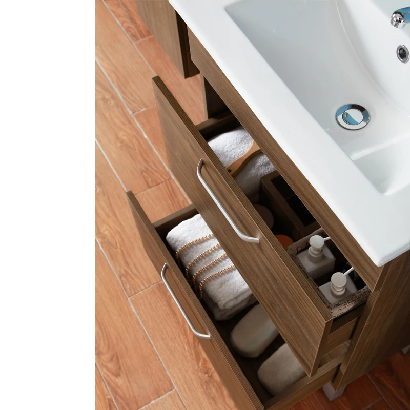 Ensemble de meubles de salle de bain, Meuble sous vasque sur pieds 2 tiroirs, vasque céramique et cabinet miroir 60cm