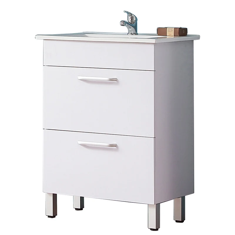 Ensemble de meubles de salle de bain, Meuble sous vasque sur pieds 2 tiroirs, vasque céramique et cabinet miroir 60cm