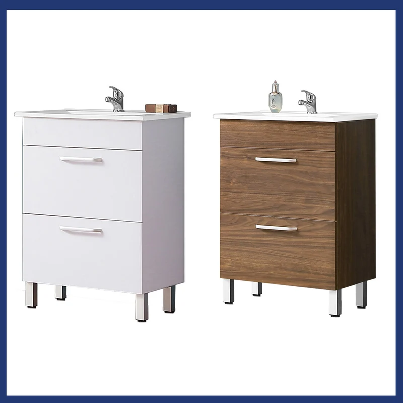 Ensemble de meubles de salle de bain, Meuble sous vasque sur pieds 2 tiroirs, vasque céramique et cabinet miroir 60cm