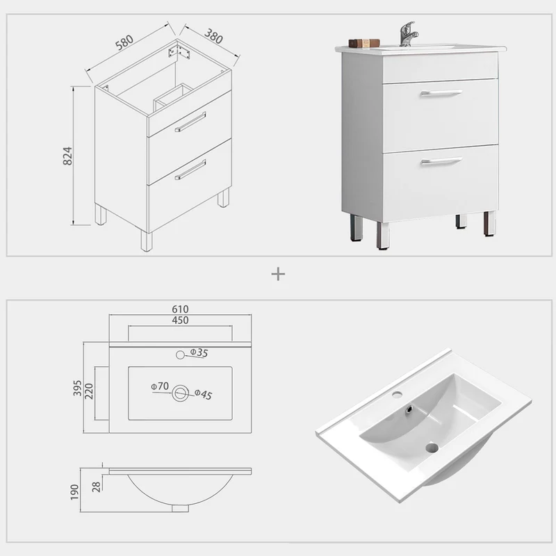Ensemble de meubles de salle de bain, Meuble sous vasque sur pieds 2 tiroirs, vasque céramique et cabinet miroir 60cm