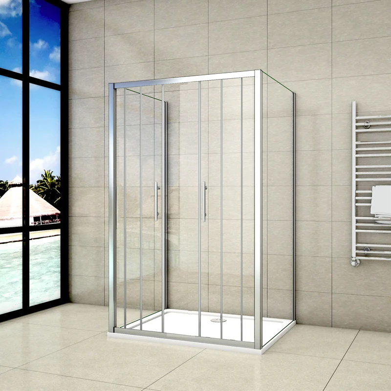 Aica cabine de douche en U, une porte de douche coulissante et 2 paroi fixes, verre de sécurité transparent