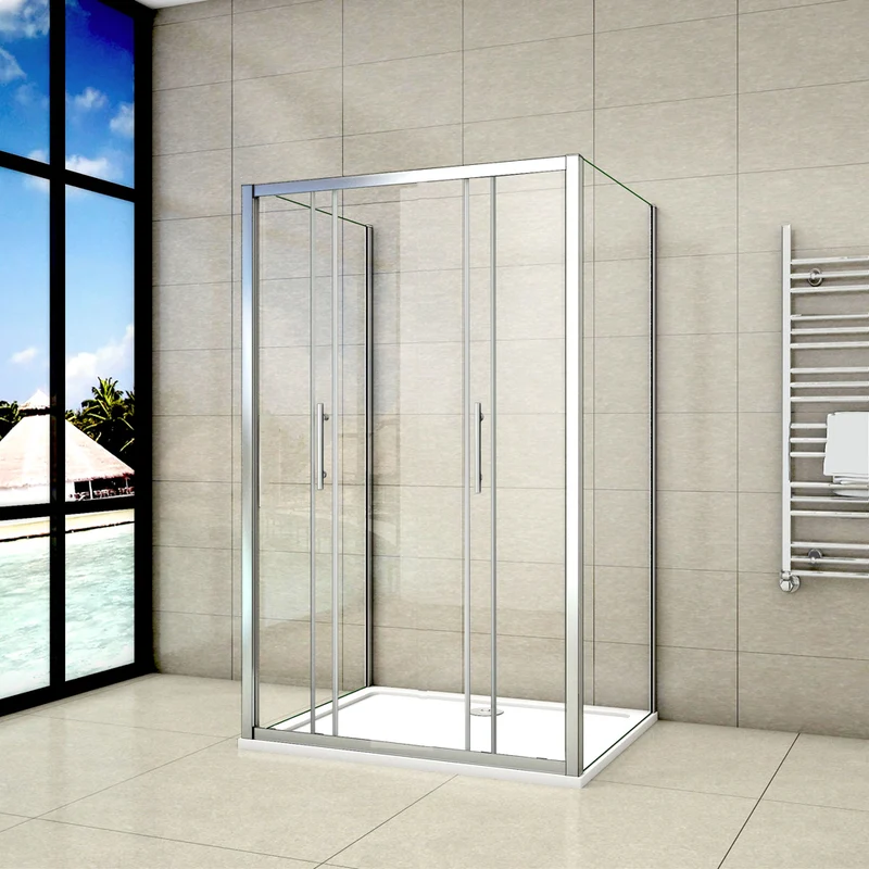 Aica cabine de douche en U, une porte de douche coulissante et 2 paroi fixes, verre de sécurité transparent